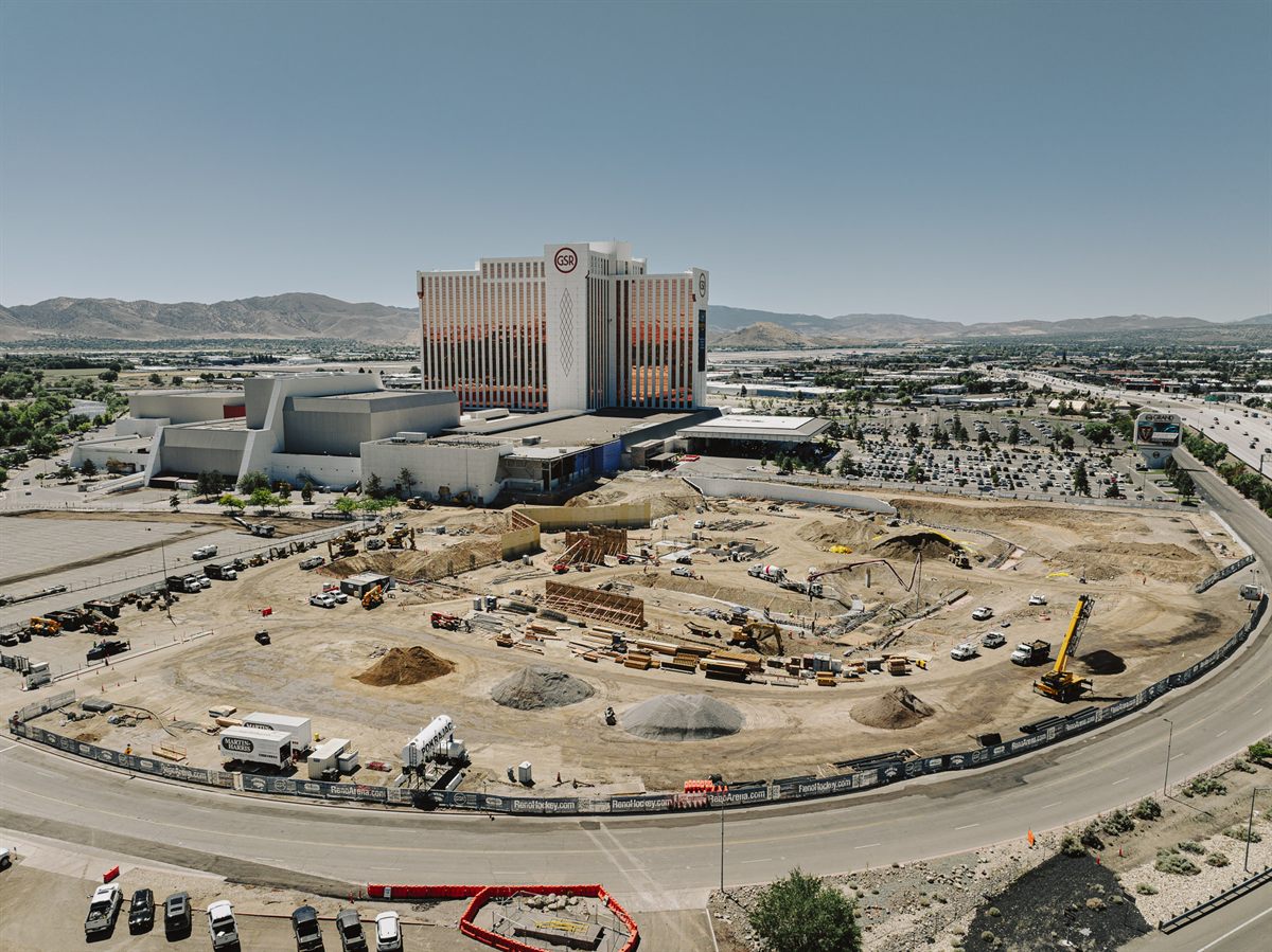 Aerial view of the GSR Arena site under excavation beside the Grand Sierra Resort tower in Reno.
